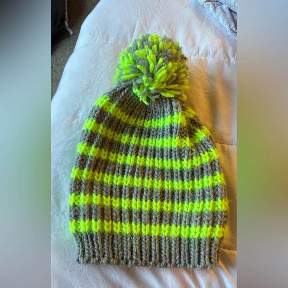 Women's Striped Knit Beanie - Neon Green and Gray